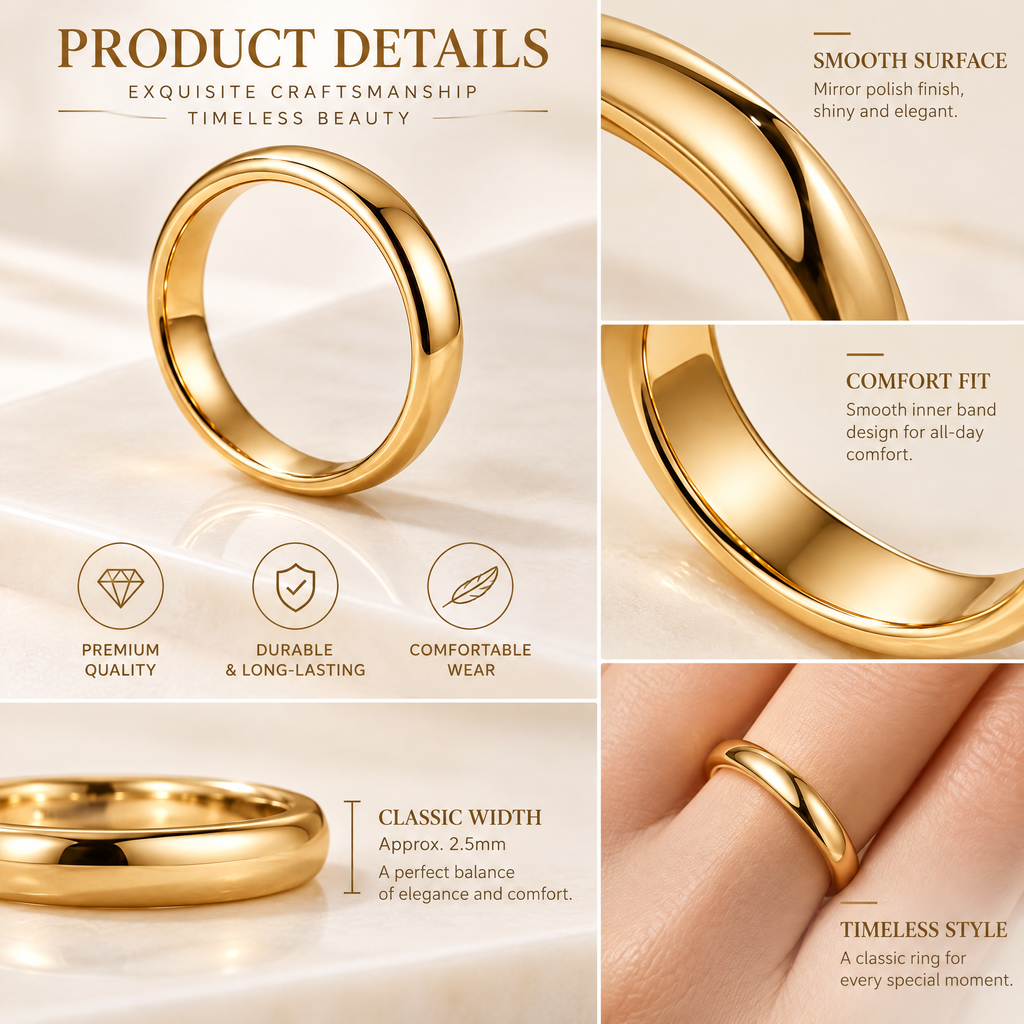 Qixnaro Classic Polished Gold Band Ring, Minimalist Wedding Band