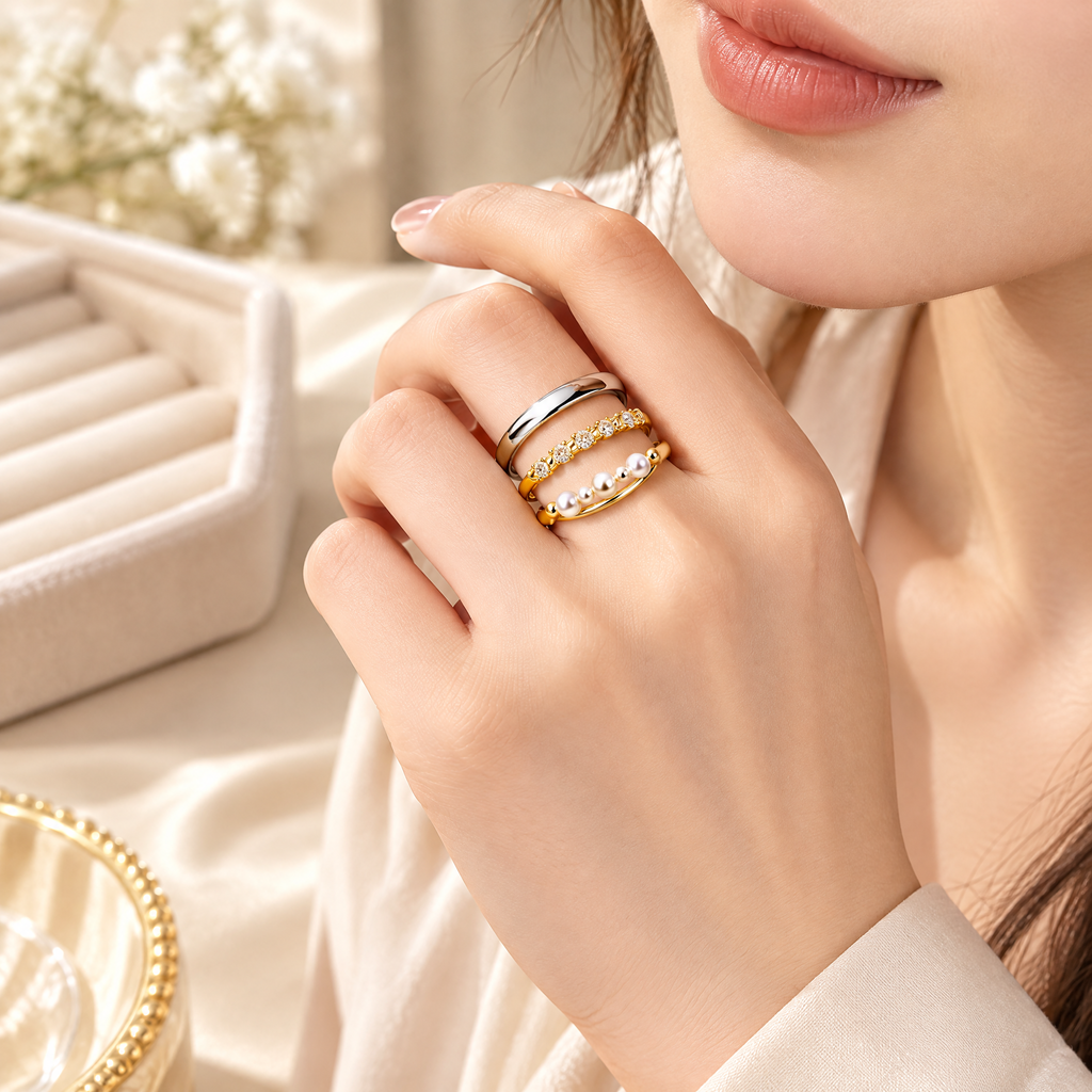 Qixnaro 3-Piece Ring Gift Set, Two-Tone Band, Diamond & Pearl Thin Ring Bundle