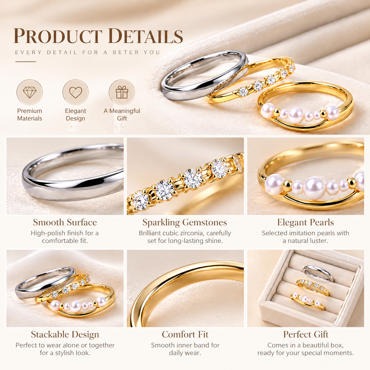 Qixnaro 3-Piece Ring Gift Set, Two-Tone Band, Diamond & Pearl Thin Ring Bundle