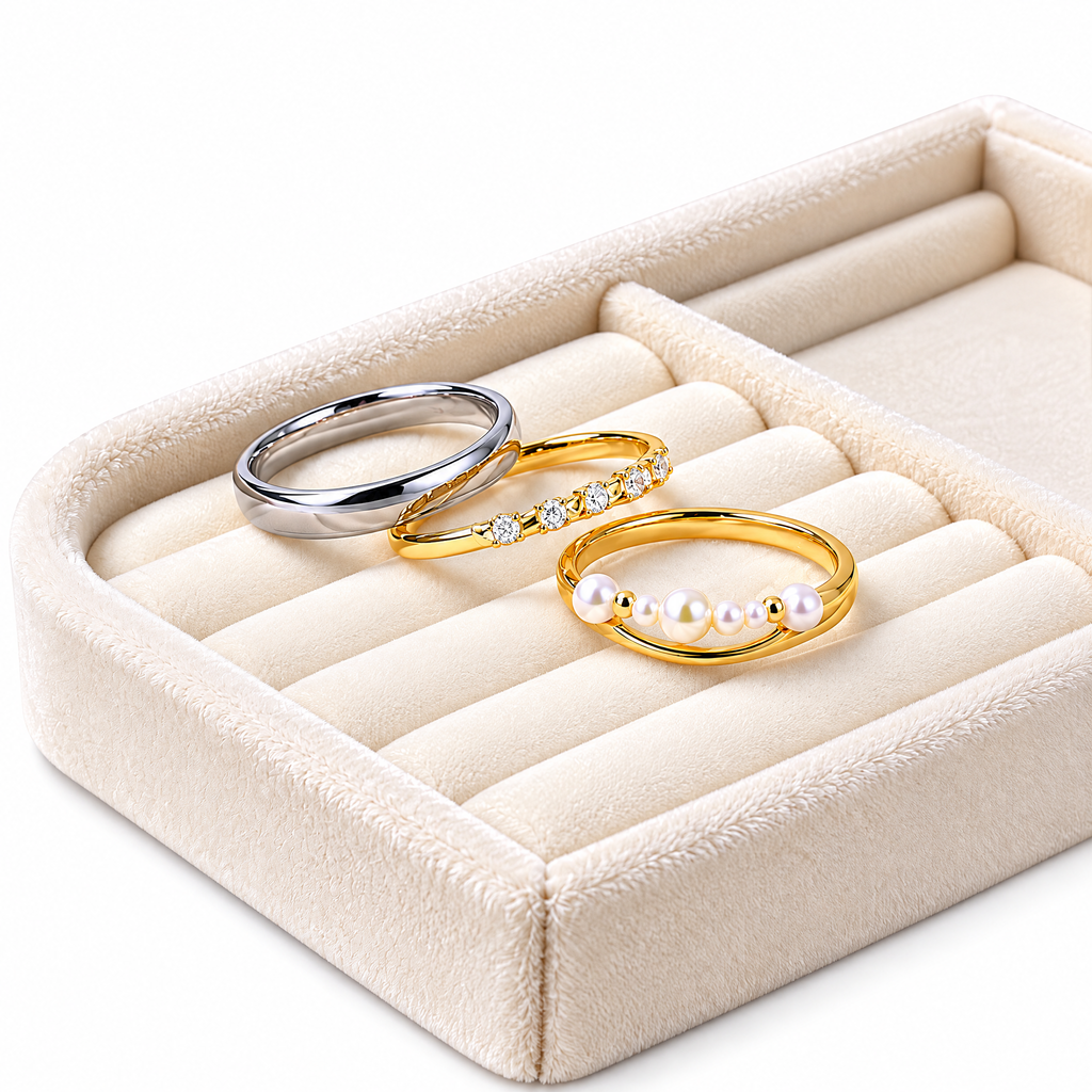 Qixnaro 3-Piece Ring Gift Set, Two-Tone Band, Diamond & Pearl Thin Ring Bundle