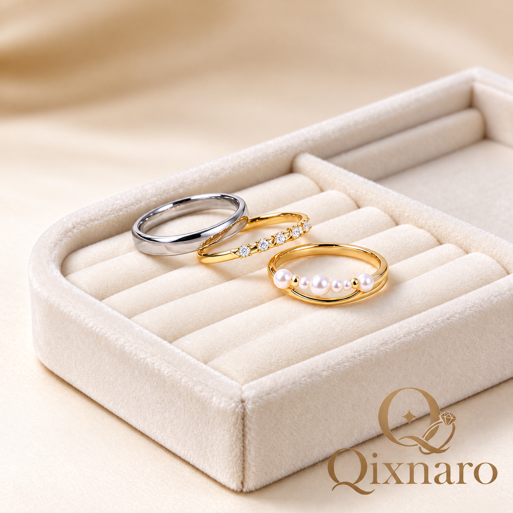 Qixnaro 3-Piece Ring Gift Set, Two-Tone Band, Diamond & Pearl Thin Ring Bundle