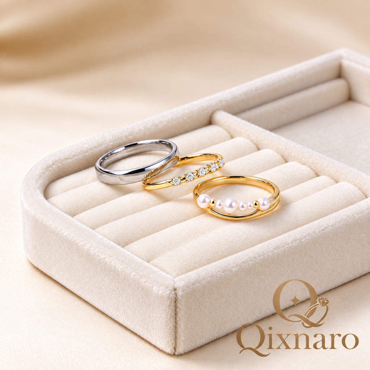 Qixnaro 3-Piece Ring Gift Set, Two-Tone Band, Diamond & Pearl Thin Ring Bundle