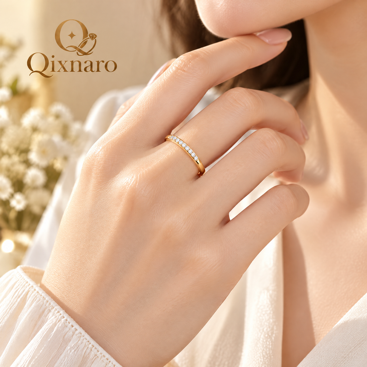 Qixnaro Half Eternity Paved Diamond Thin Gold Ring, Dainty Stackable Band