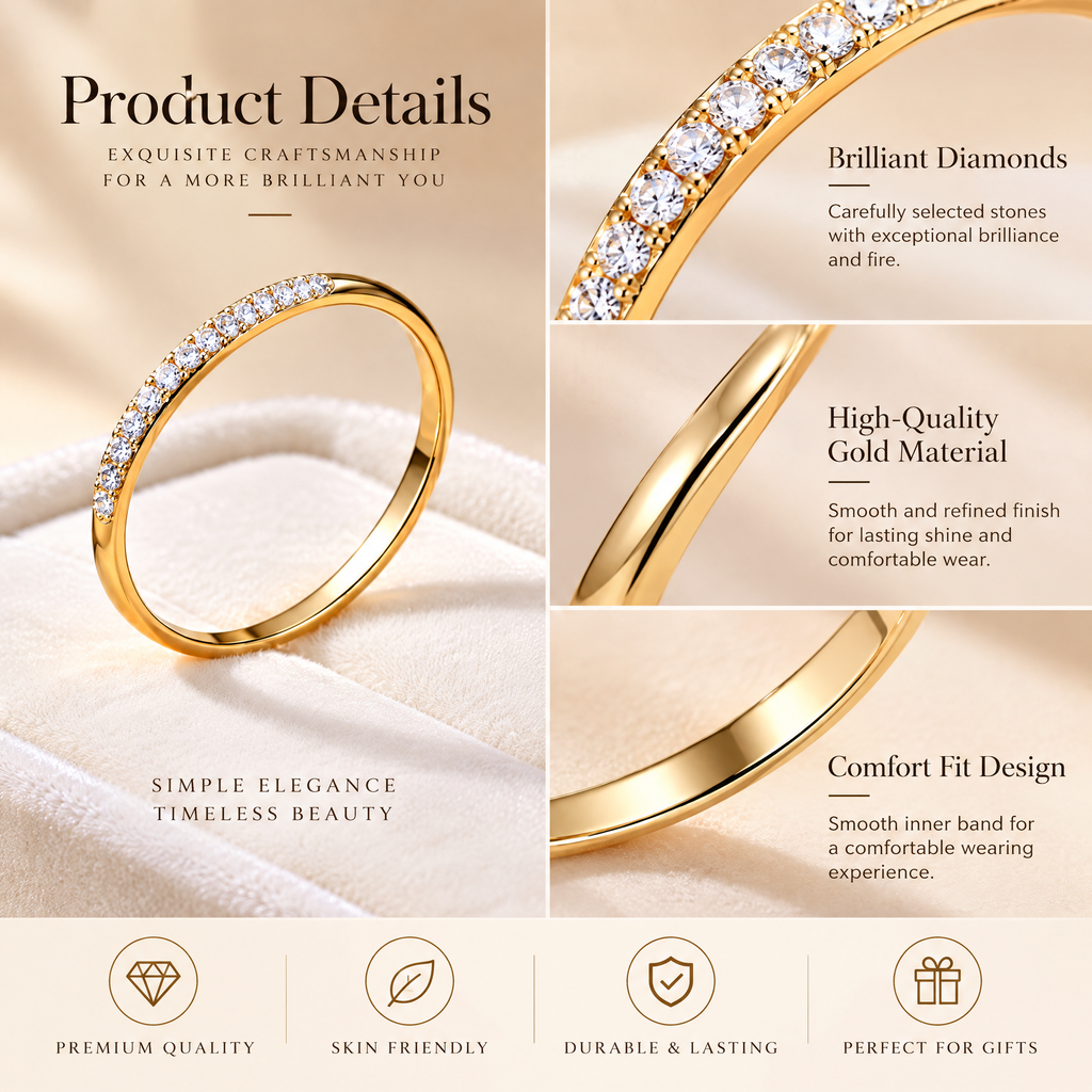 Qixnaro Half Eternity Paved Diamond Thin Gold Ring, Dainty Stackable Band