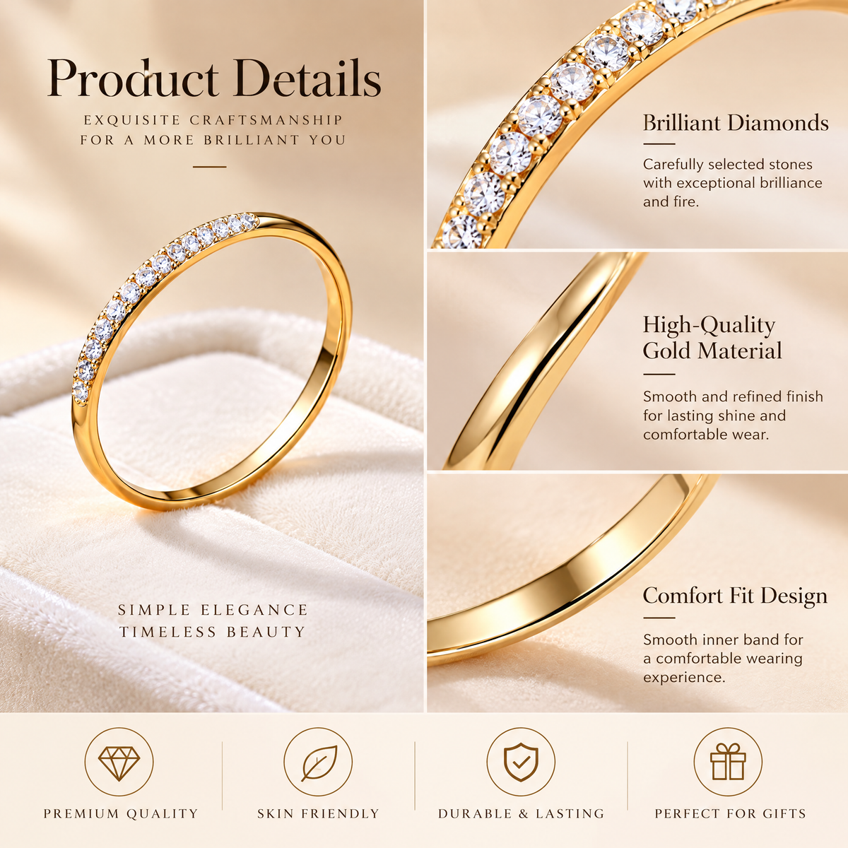 Qixnaro Half Eternity Paved Diamond Thin Gold Ring, Dainty Stackable Band