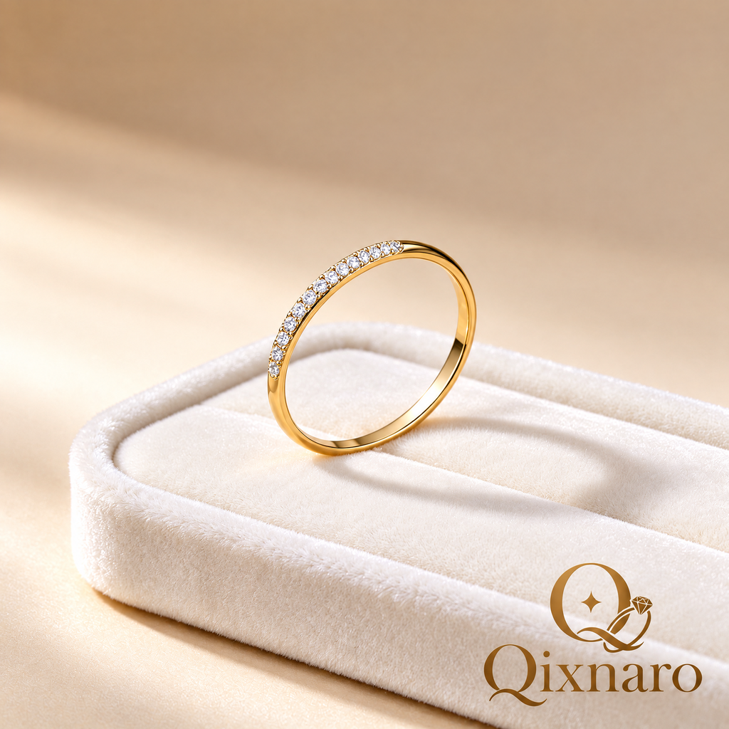 Qixnaro Half Eternity Paved Diamond Thin Gold Ring, Dainty Stackable Band
