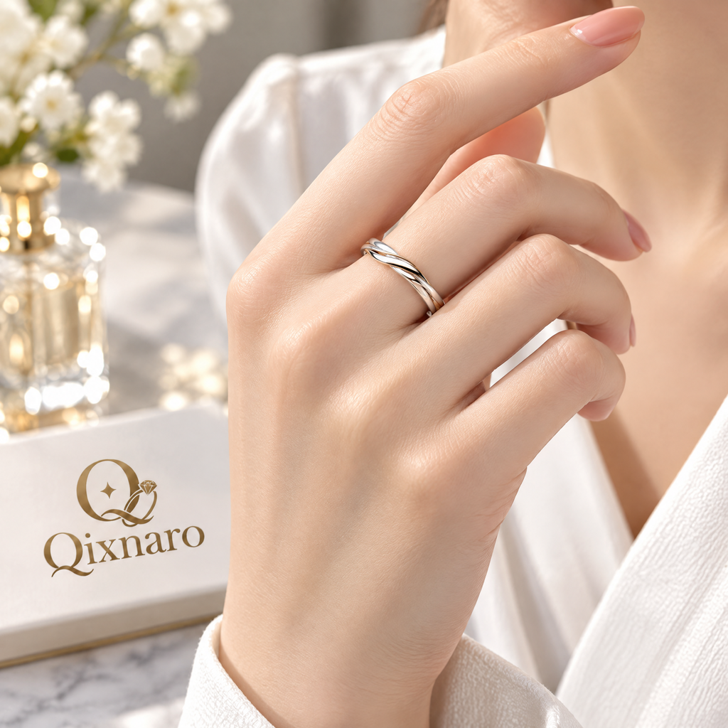 Qixnaro Intertwined Two-Tone Twisted Metal Ring, Infinity Couple Band