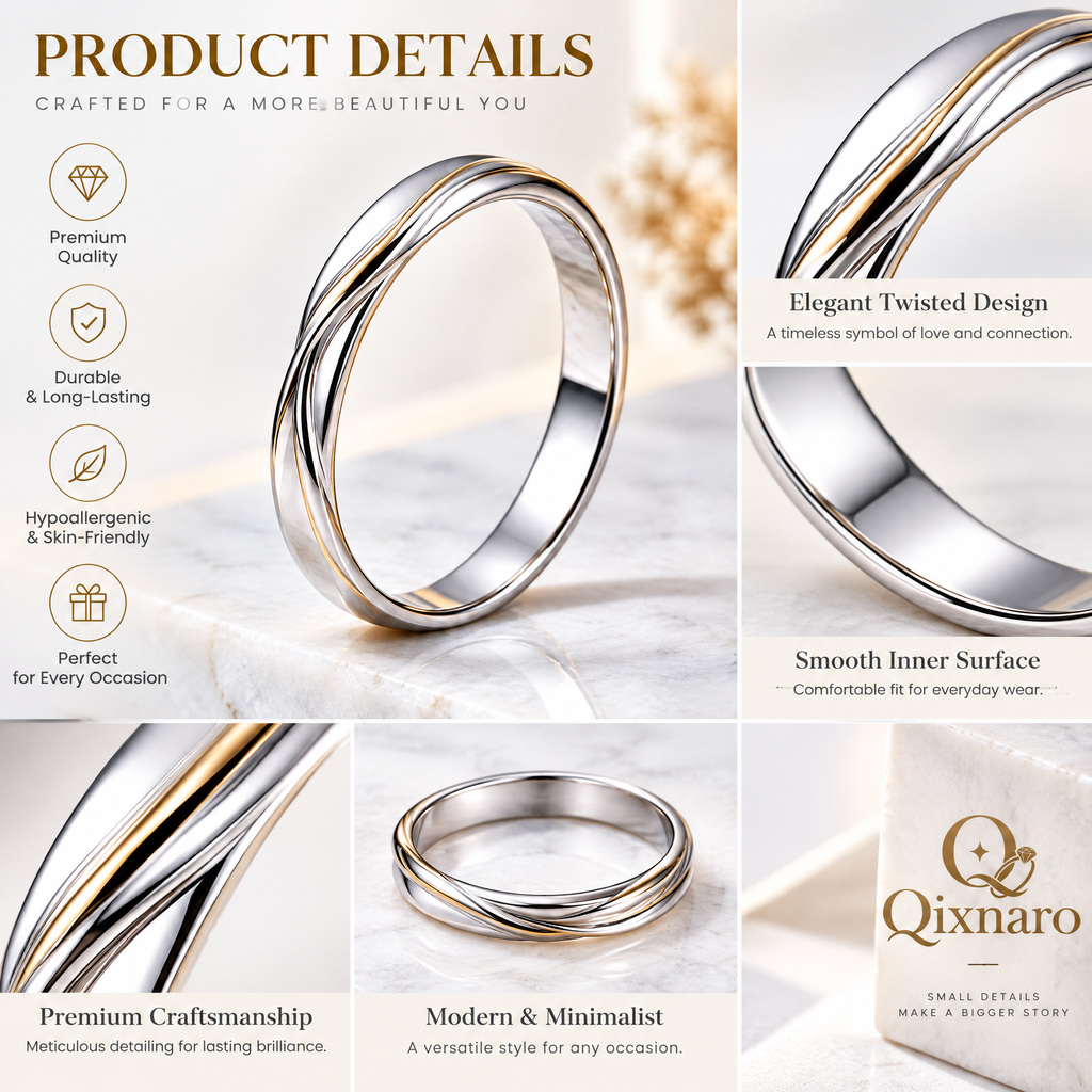 Qixnaro Intertwined Two-Tone Twisted Metal Ring, Infinity Couple Band