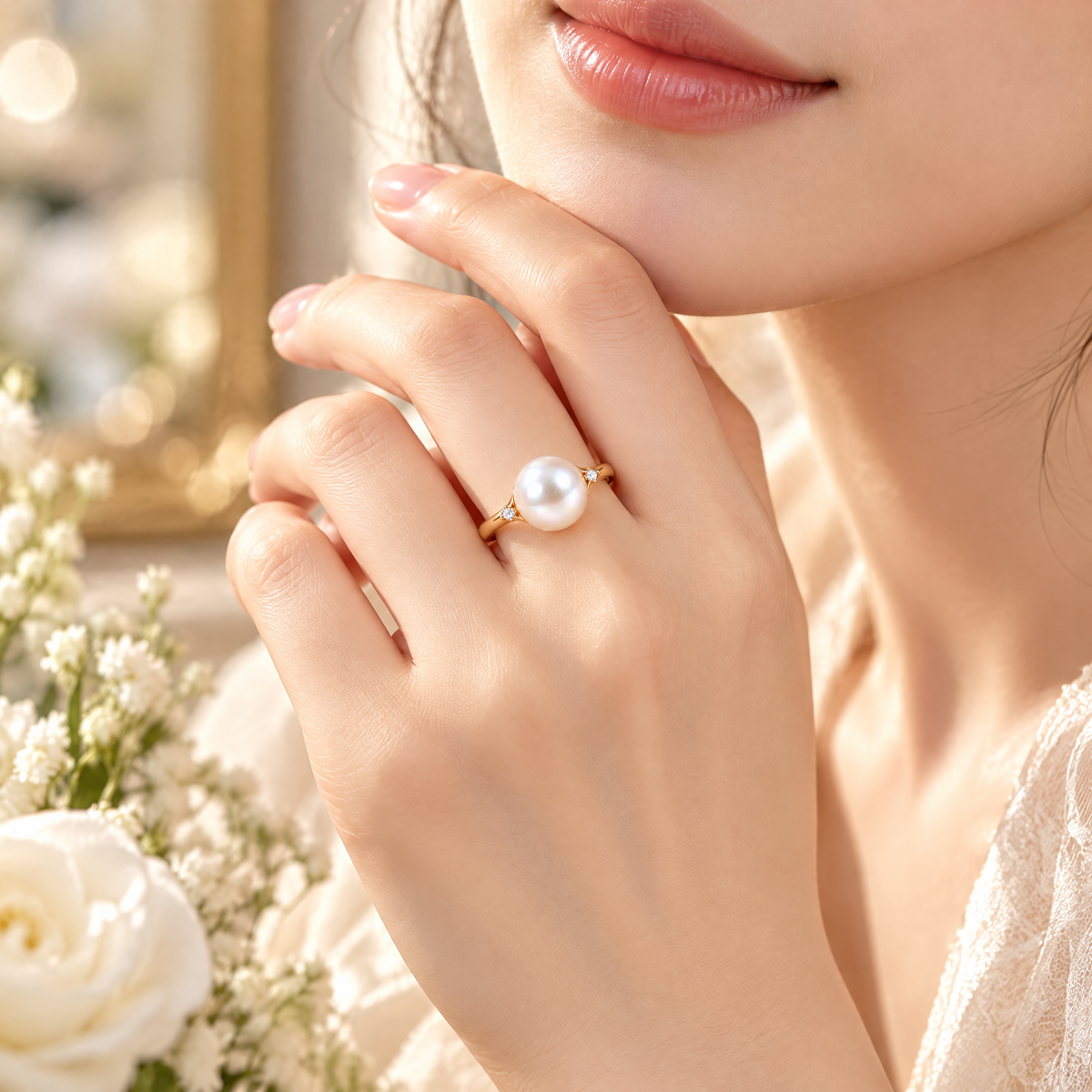 Qixnaro Large Pearl Center Stone Gold Ring, Vintage Pearl Ring with Accent Stones