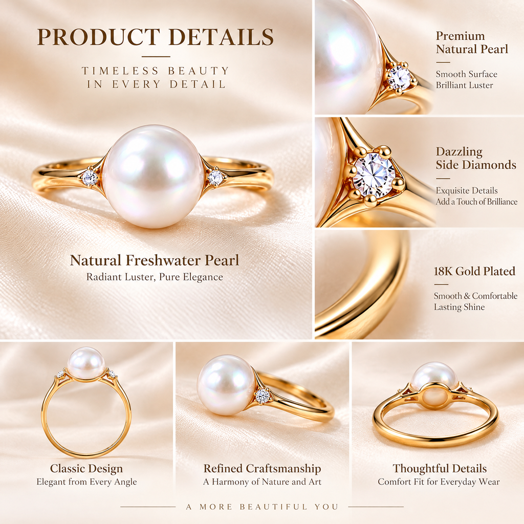 Qixnaro Large Pearl Center Stone Gold Ring, Vintage Pearl Ring with Accent Stones
