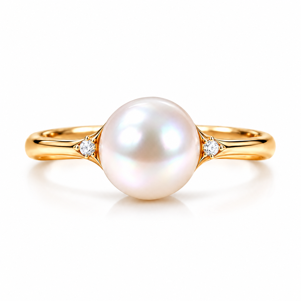 Qixnaro Large Pearl Center Stone Gold Ring, Vintage Pearl Ring with Accent Stones