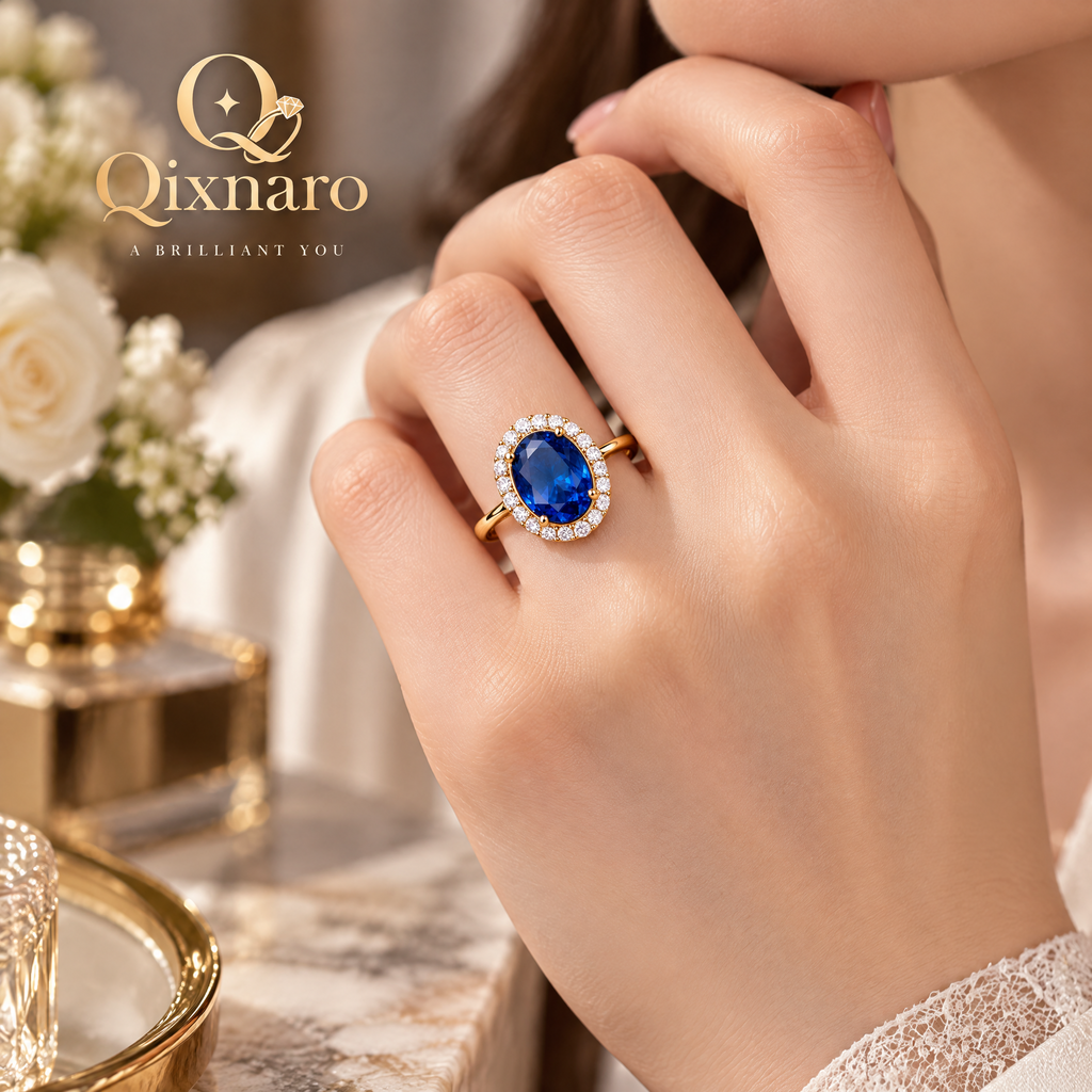Qixnaro Oval Sapphire Center Halo Ring, Classic Diana Style Gemstone Ring