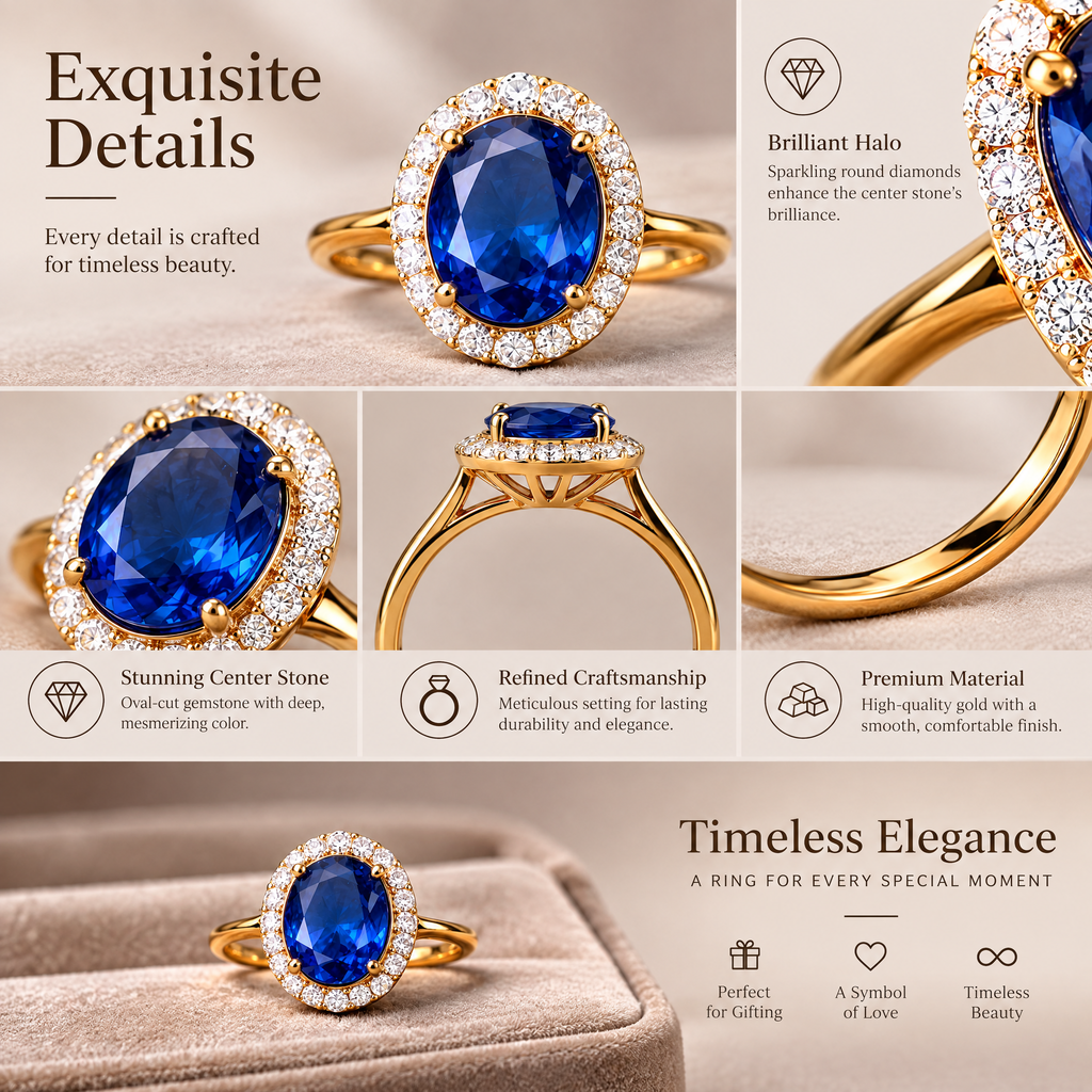 Qixnaro Oval Sapphire Center Halo Ring, Classic Diana Style Gemstone Ring