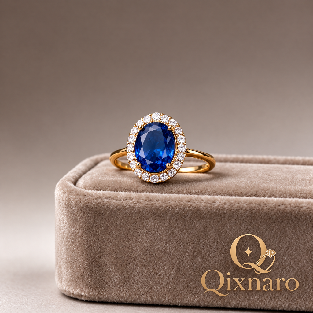 Qixnaro Oval Sapphire Center Halo Ring, Classic Diana Style Gemstone Ring