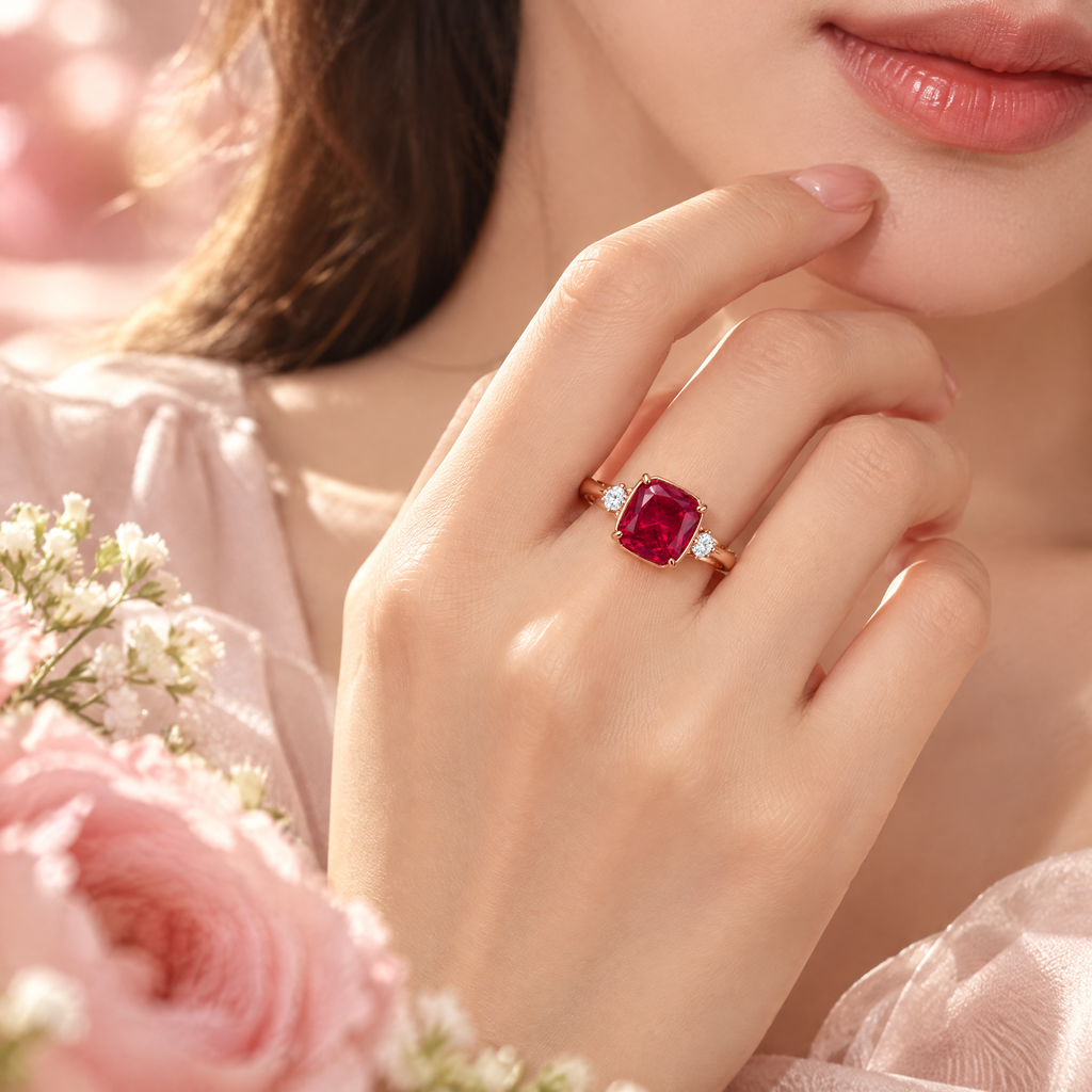 Qixnaro Cushion Square Ruby Three-Stone Rose Gold Ring, Vintage Gem Ring