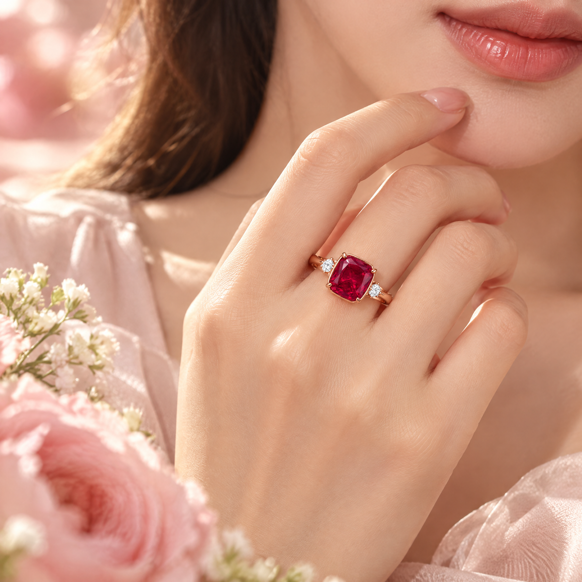 Qixnaro Cushion Square Ruby Three-Stone Rose Gold Ring, Vintage Gem Ring
