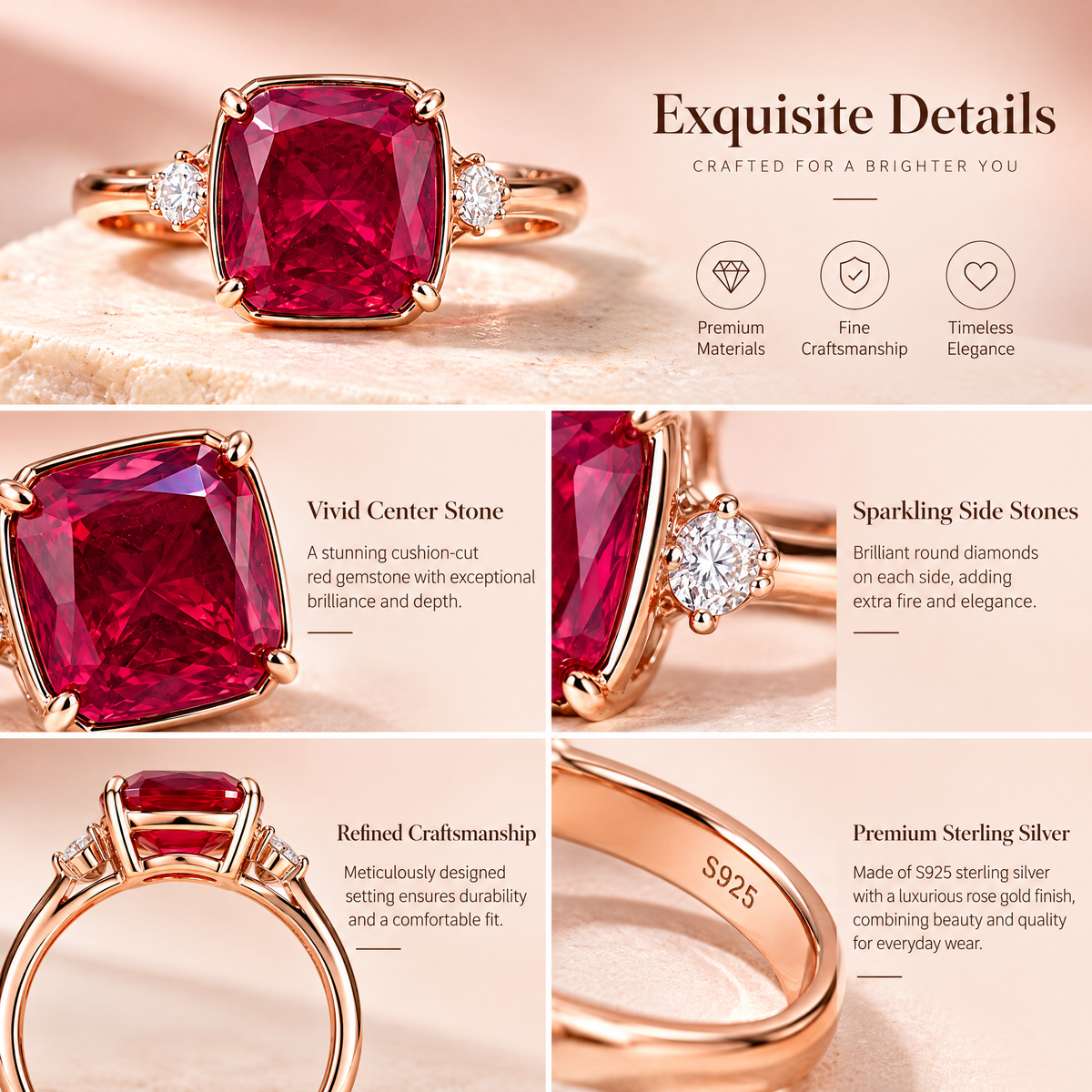 Qixnaro Cushion Square Ruby Three-Stone Rose Gold Ring, Vintage Gem Ring