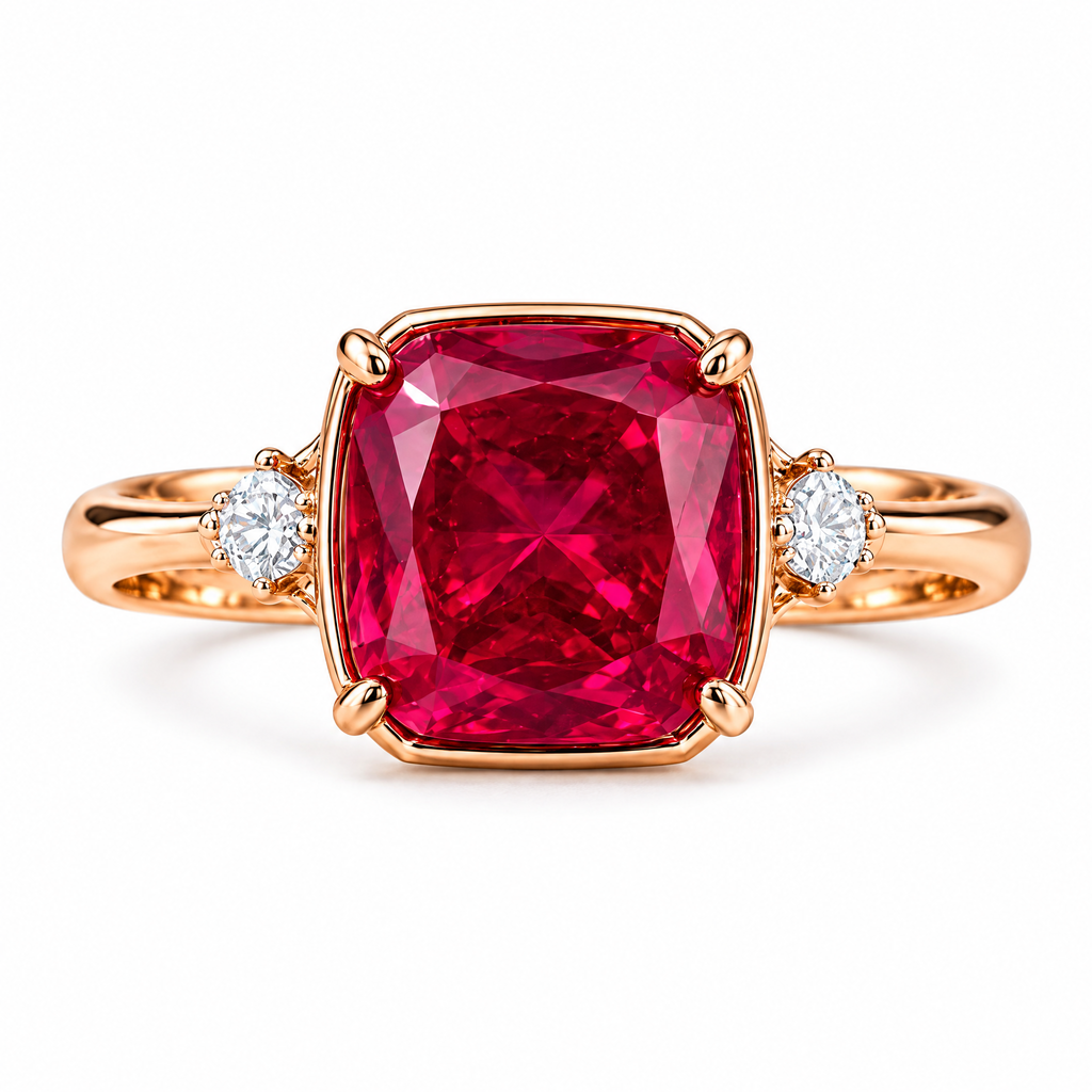 Qixnaro Cushion Square Ruby Three-Stone Rose Gold Ring, Vintage Gem Ring