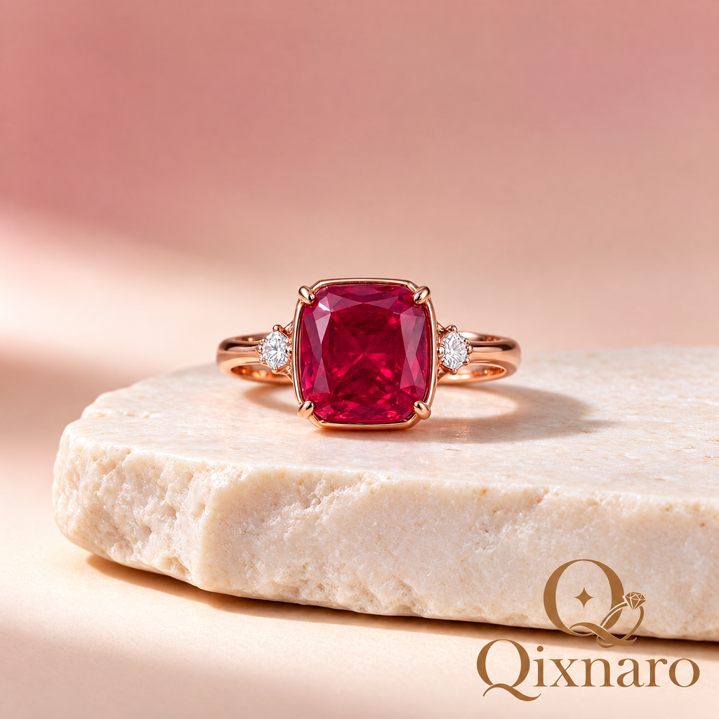 Qixnaro Cushion Square Ruby Three-Stone Rose Gold Ring, Vintage Gem Ring