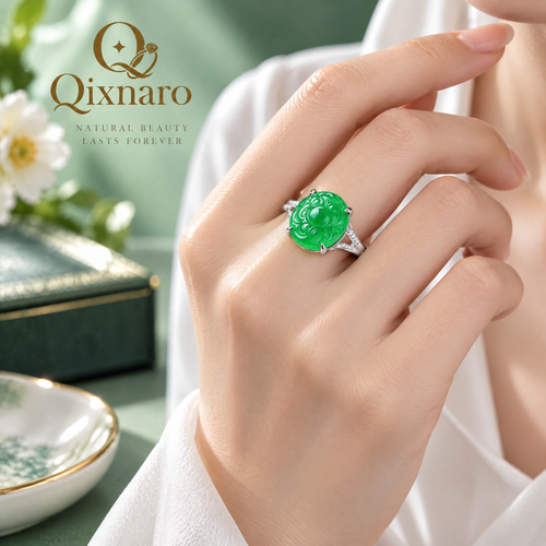 Qixnaro Carved Round Jade Ring with Side Diamonds, Oriental Style Jade Jewelry