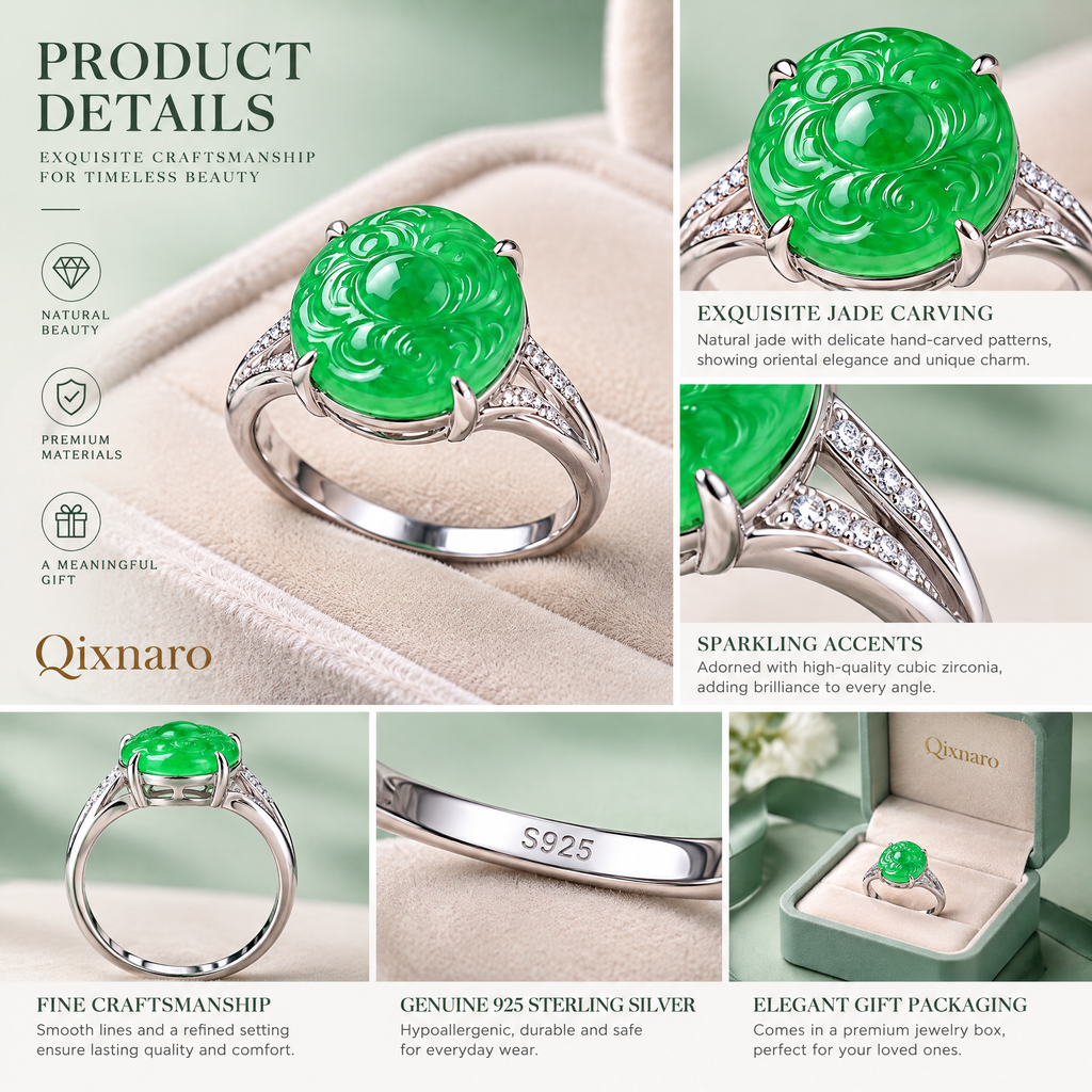 Qixnaro Carved Round Jade Ring with Side Diamonds, Oriental Style Jade Jewelry