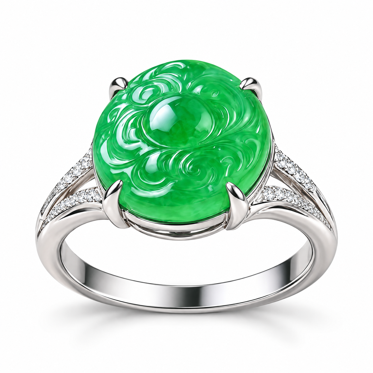 Qixnaro Carved Round Jade Ring with Side Diamonds, Oriental Style Jade Jewelry