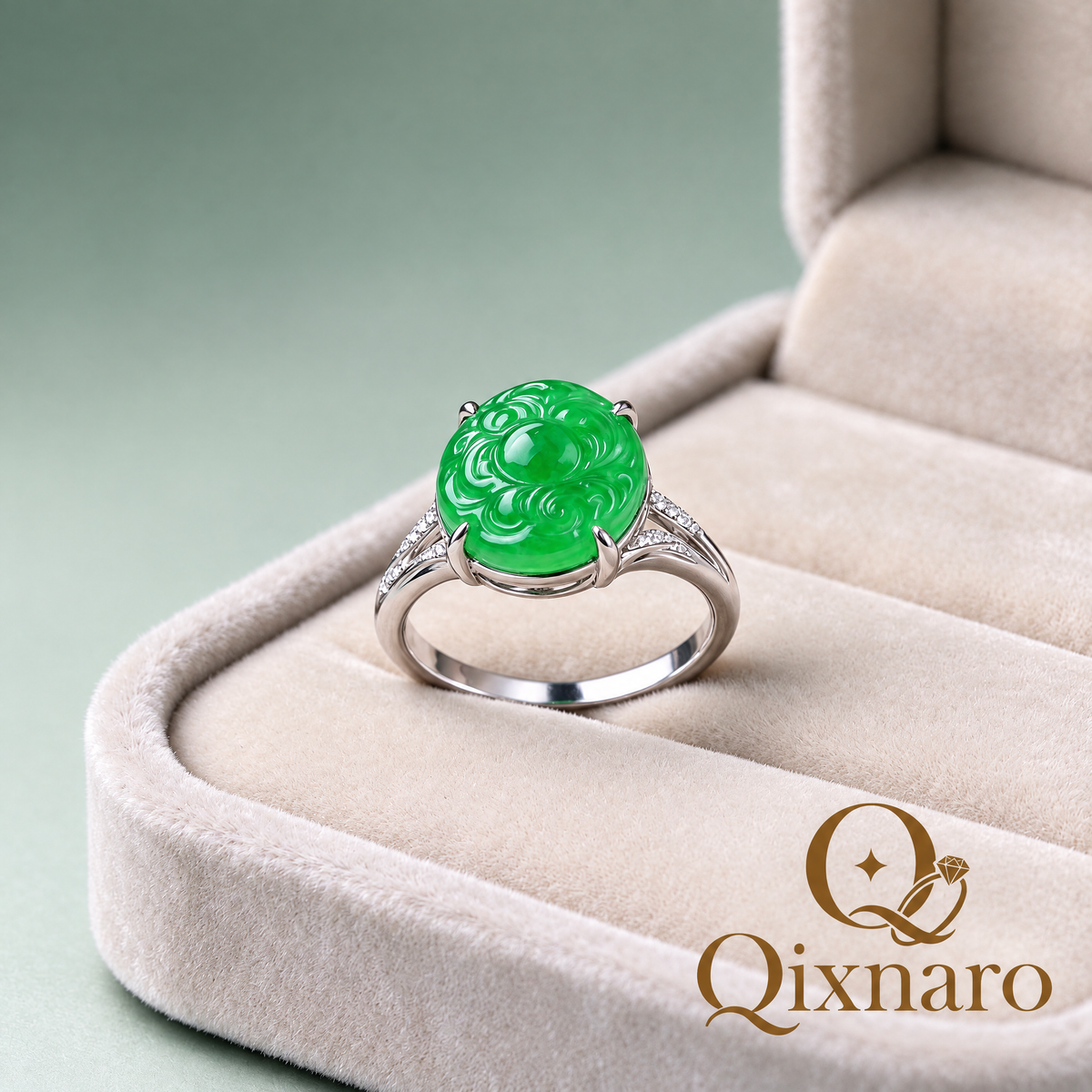 Qixnaro Carved Round Jade Ring with Side Diamonds, Oriental Style Jade Jewelry