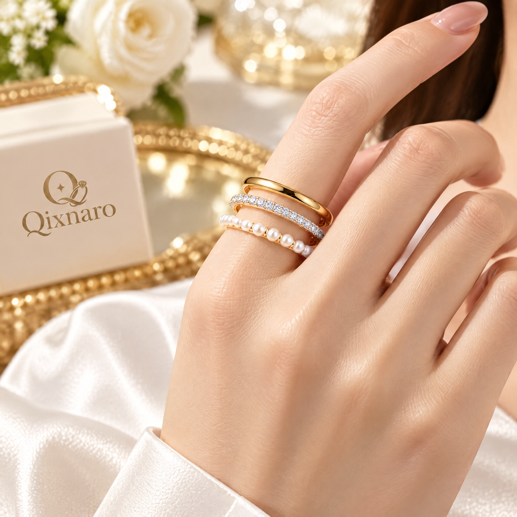 Qixnaro 3 Stackable Gold Ring Set, Plain Band + Eternity Diamond + Pearl Ring Bundle