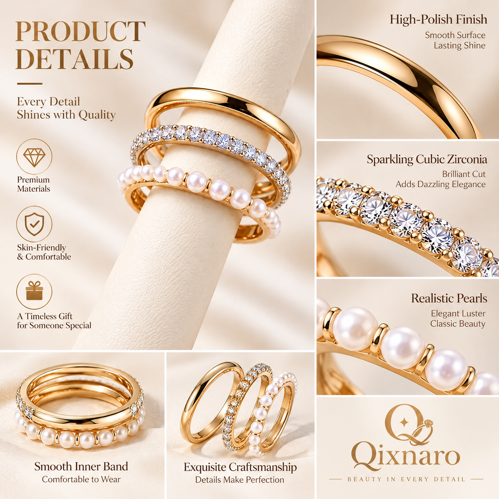 Qixnaro 3 Stackable Gold Ring Set, Plain Band + Eternity Diamond + Pearl Ring Bundle