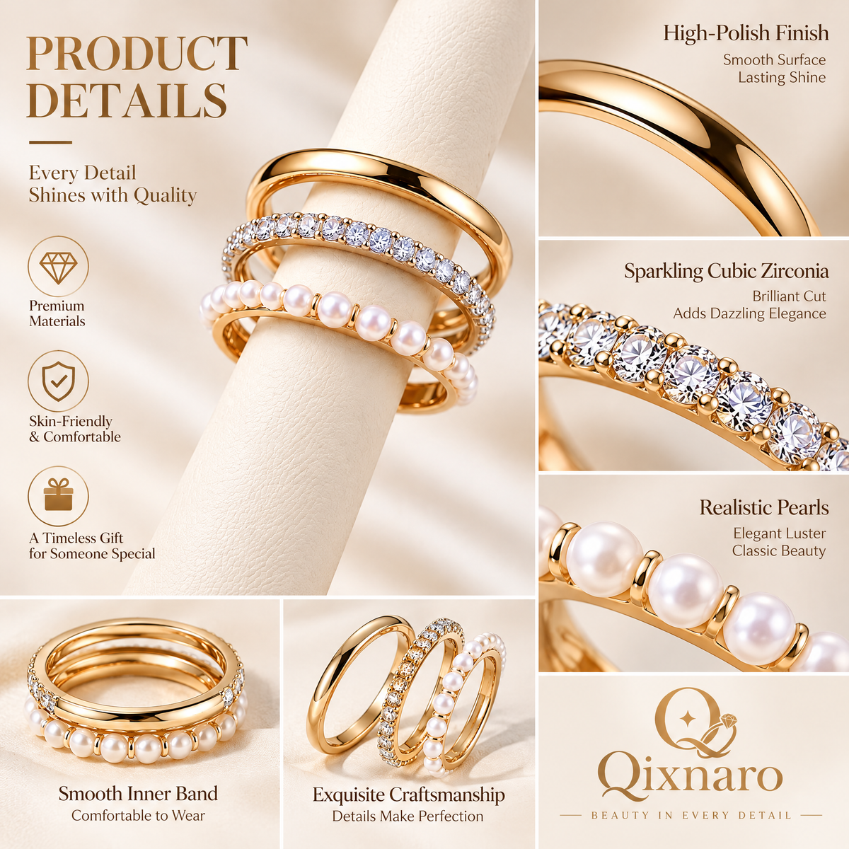 Qixnaro 3 Stackable Gold Ring Set, Plain Band + Eternity Diamond + Pearl Ring Bundle