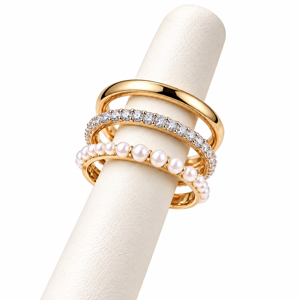 Qixnaro 3 Stackable Gold Ring Set, Plain Band + Eternity Diamond + Pearl Ring Bundle