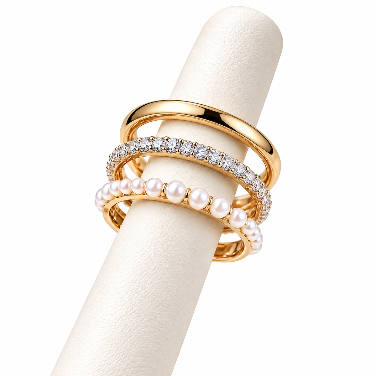 Qixnaro 3 Stackable Gold Ring Set, Plain Band + Eternity Diamond + Pearl Ring Bundle