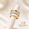 Qixnaro 3 Stackable Gold Ring Set, Plain Band + Eternity Diamond + Pearl Ring Bundle