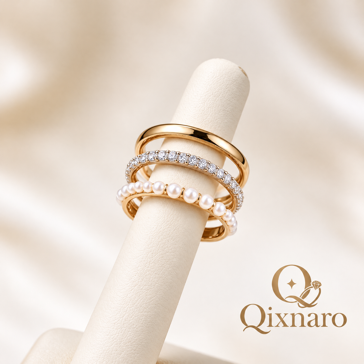 Qixnaro 3 Stackable Gold Ring Set, Plain Band + Eternity Diamond + Pearl Ring Bundle