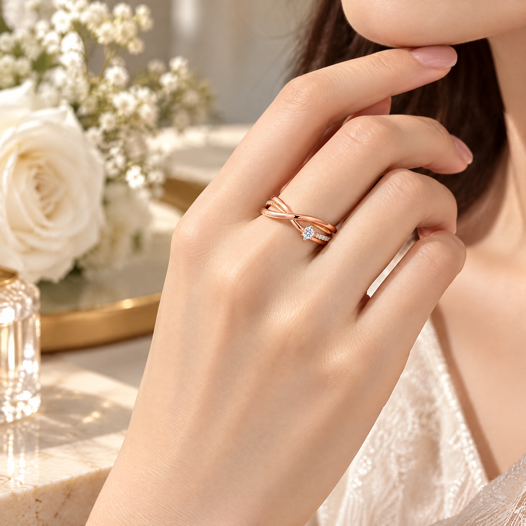 Qixnaro Rose Gold Intertwined Solitaire Diamond Ring, Crisscross Twist Band
