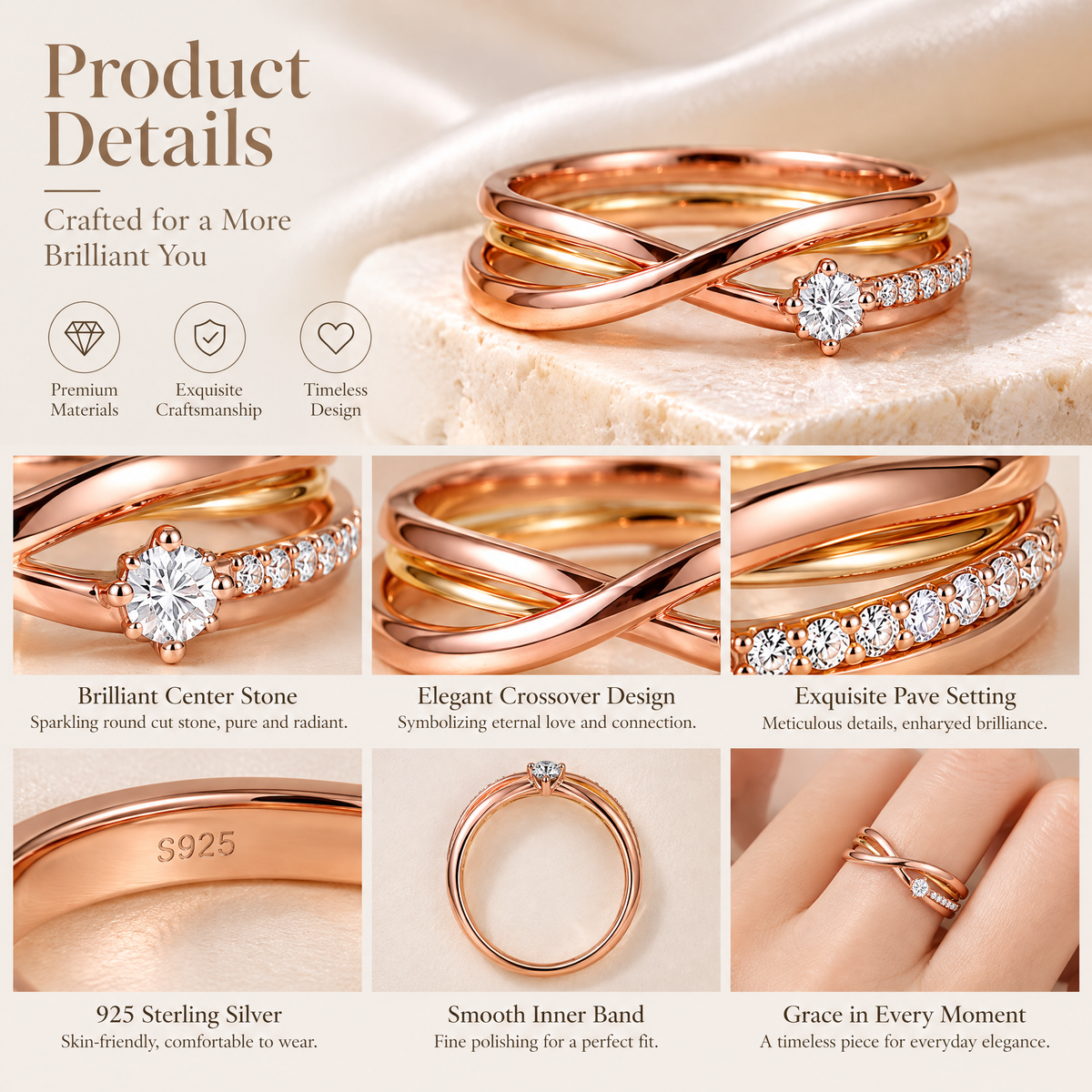 Qixnaro Rose Gold Intertwined Solitaire Diamond Ring, Crisscross Twist Band