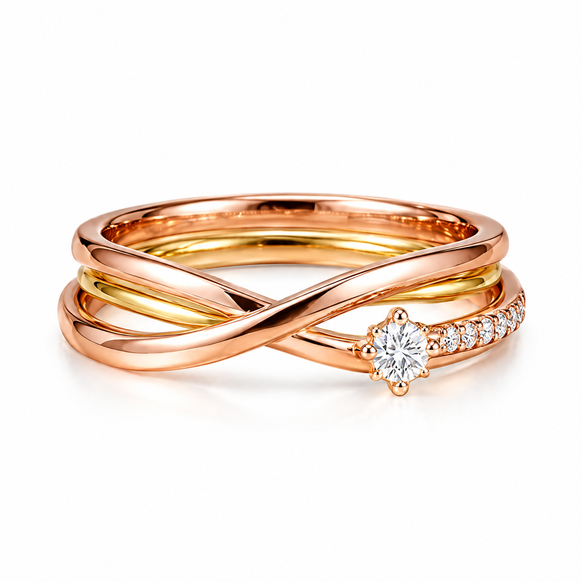 Qixnaro Rose Gold Intertwined Solitaire Diamond Ring, Crisscross Twist Band
