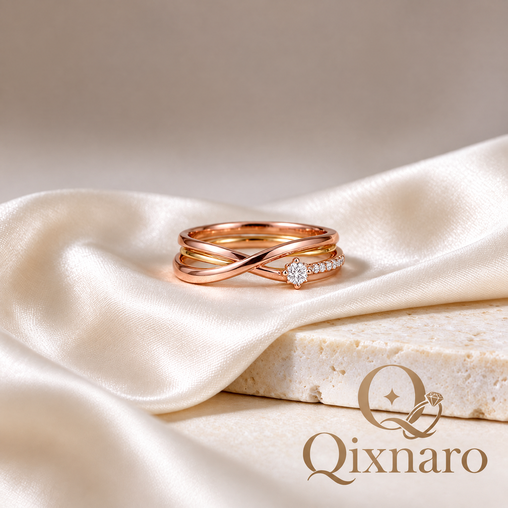 Qixnaro Rose Gold Intertwined Solitaire Diamond Ring, Crisscross Twist Band