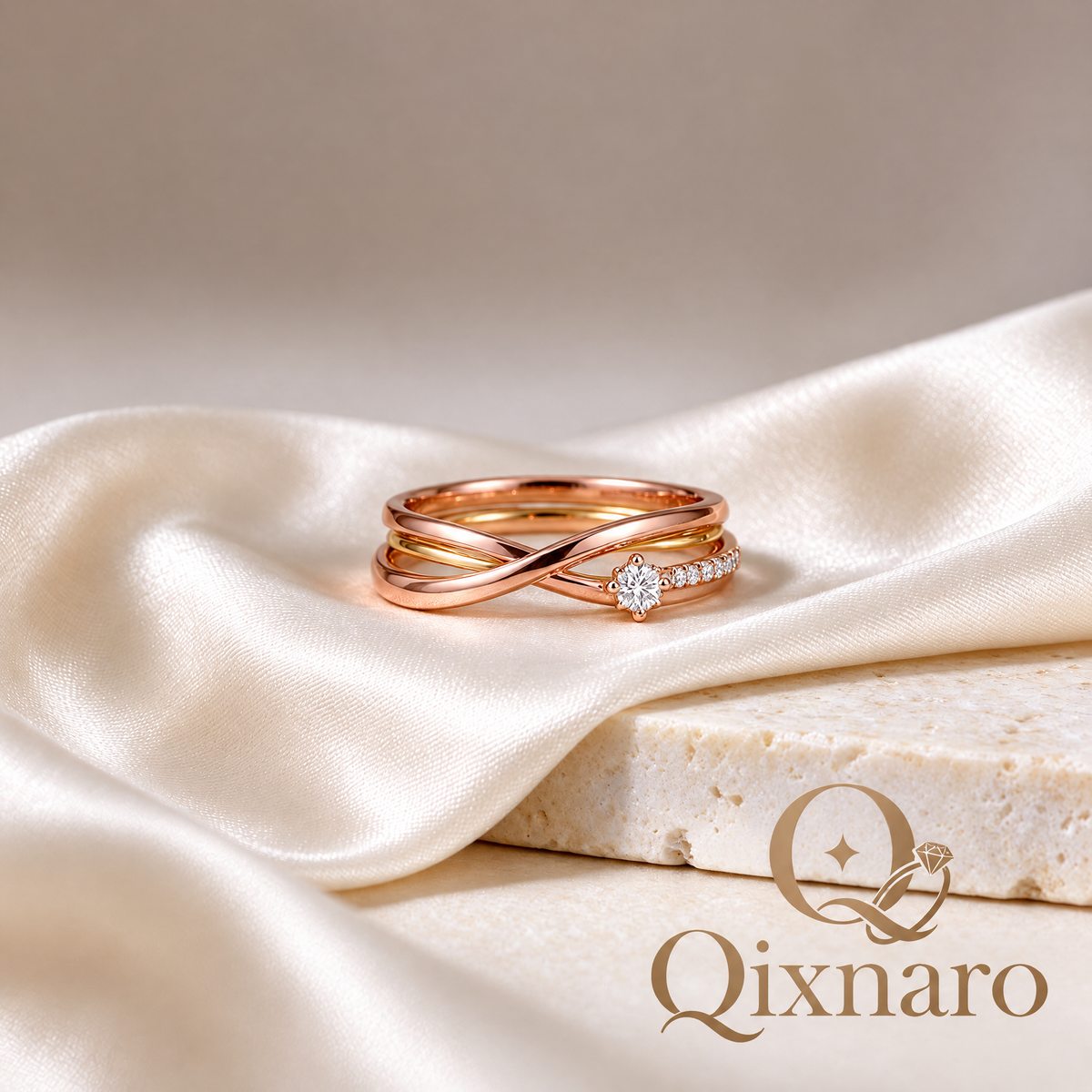 Qixnaro Rose Gold Intertwined Solitaire Diamond Ring, Crisscross Twist Band
